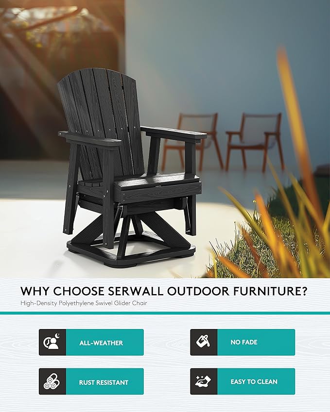 SERWALL Adirondack Swivel Glider, HDPE Glider Set of 4 for Outdoor, All-Weather Glider Rocking Chair for Porch, Balcony, Black