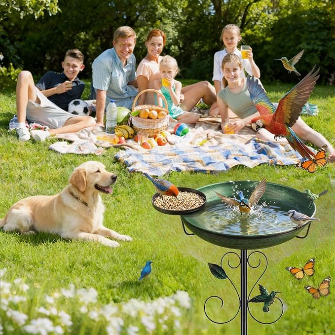 35" Tall Metal Bird Bath for Outdoors with Small Bird Feeder Bowl, 2" Deep 12" Dia Removable Bird Baths for Easy to Clean and Refill, Upgraded 7-Prong Base for Garden, Yard & Lawn (Green)