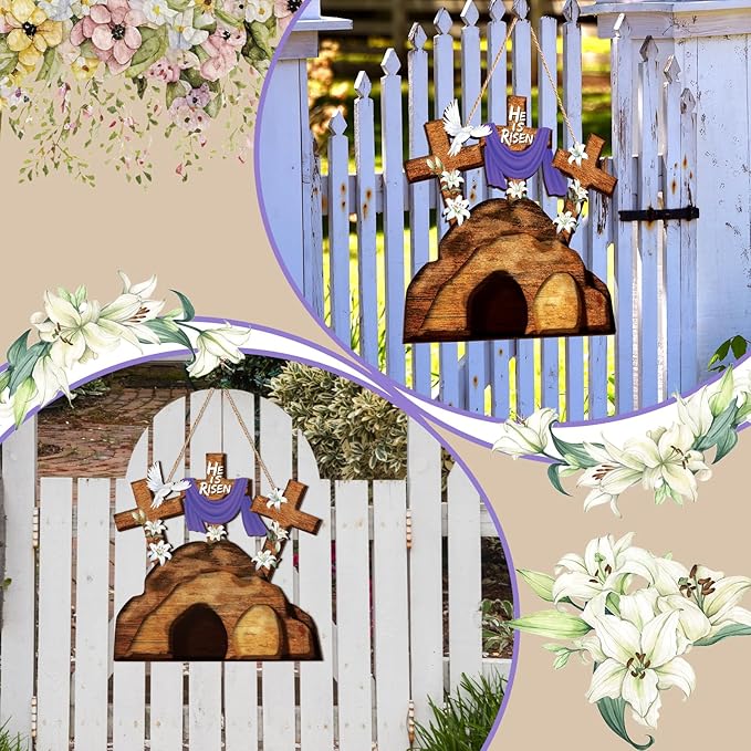 Juexica Easter Cross Door Sign Wall Hanging Decor He is Risen Decorations Religious Wood Hanger for Front Door Porch Home Indoor Outdoor Spring Wall Pediments