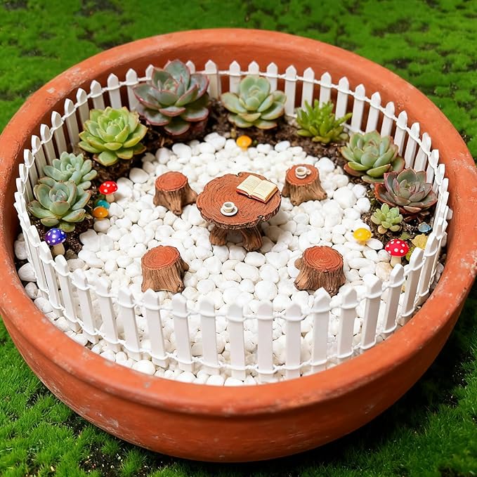 Fairy Garden Accessories, 35 Inch White Mini Fence & Outdoor Miniature Table and Chairs Set Resin Furniture Ornaments Kit Micro Landscape Decor for DIY Craft Gift Dollhouse Succulents Home Decoration