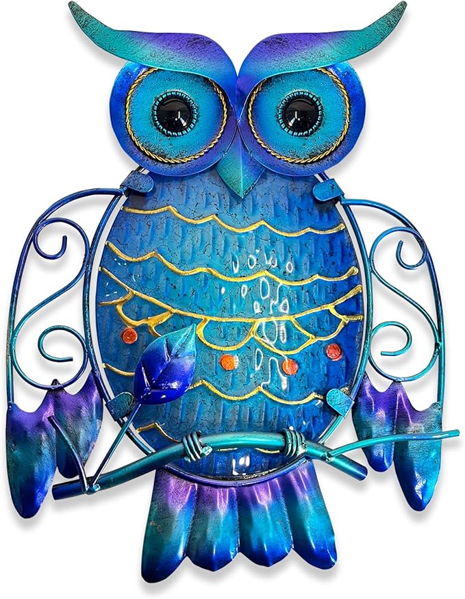 LIFFY Metal Owl Wall Decor - Cute Colorful Outdoor Wall Art - Glass Hanging Garden Decor for Patio, Porch or Door, Owl Gifts for Women