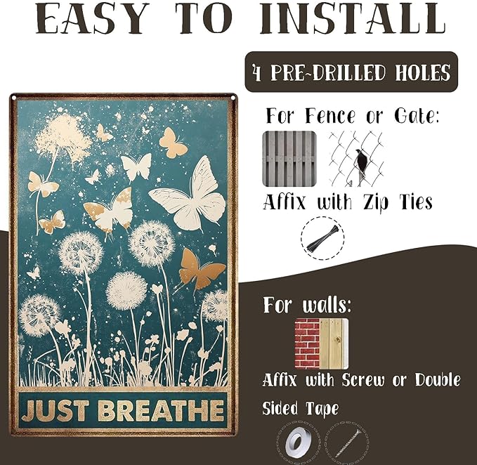 Vintage Garden Metal Tin Signs Dandelion Butterfly Just Breathe Funny Tin Sign Rustic Indoor Outdoor Wall Decor for Home Garden Yard Farmhouse Greenhouse Patio Porch Bar 8×12 Inch