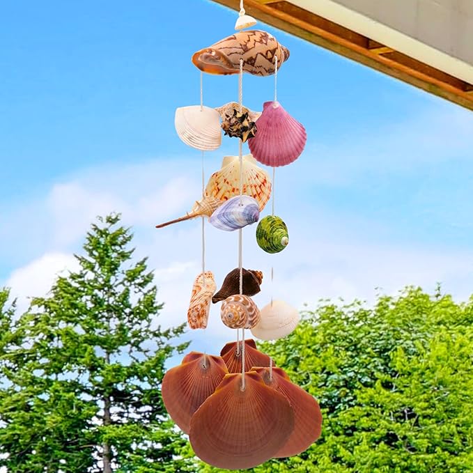 Seashell Wind Chimes, Windchimes Outdoor Indoor Beach Home Décor Hanging for Patio Garden Porch Yard, Genuine Seashells