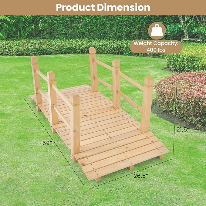 HAPPYGRILL 5FT Wooden Garden Bridge, Decorative Pond Landscaping Bridge with Classic Arc Footbridge & Double Safety Railings, Garden Bridges for Outdoors, Backyard, Garden Farm (Natural)