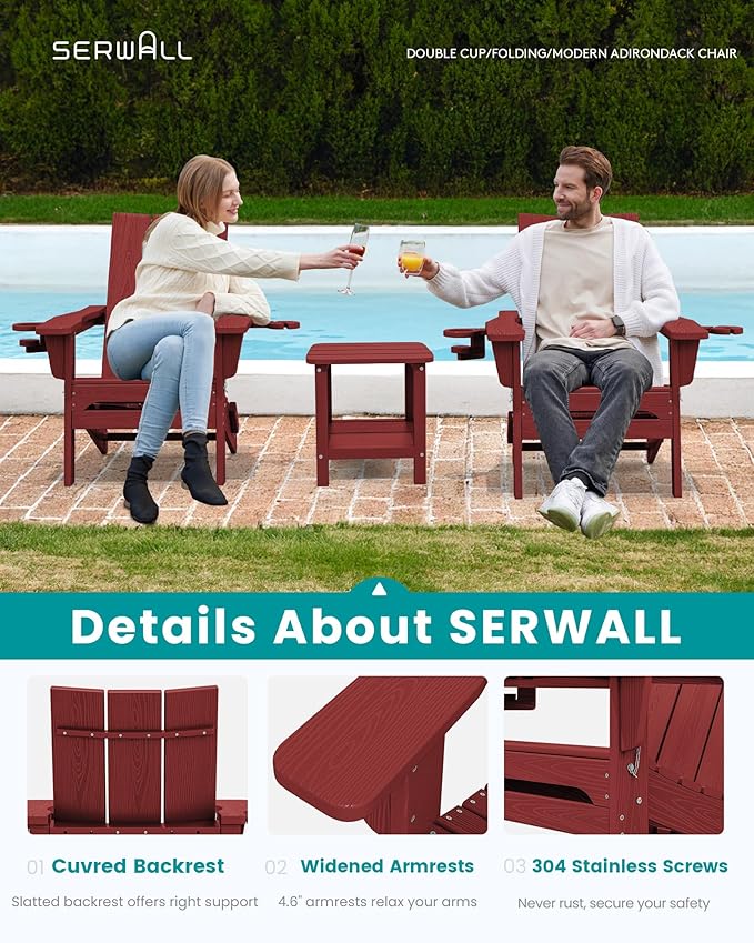 SERWALL Folding Adirondack Chair with Cup Holders, All Weather Resistant Modern Adirondack Chair, HDPE Fire Pit Chairs, Lawn Chair for Patio Garden, Outdoor, Red