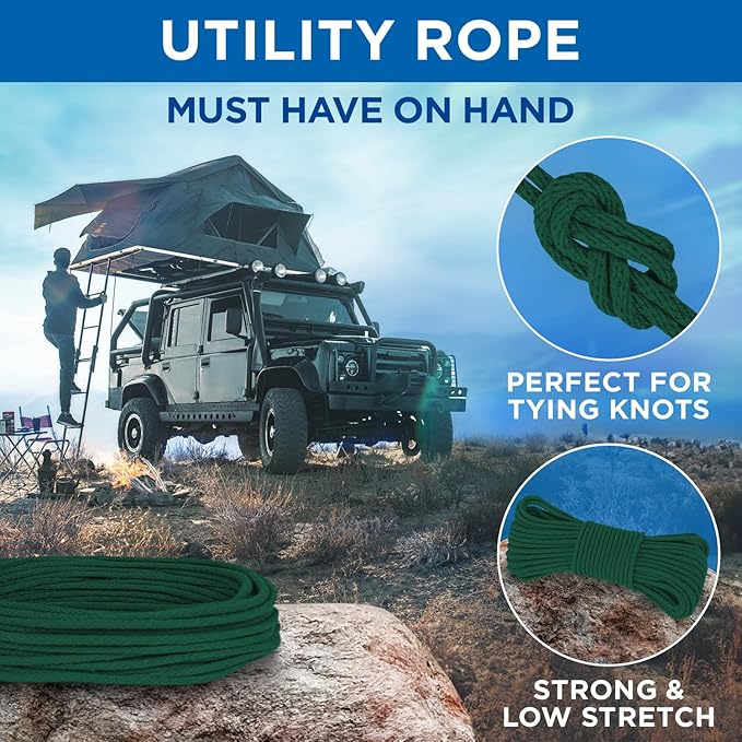 TECEUM Cotton Rope 3/16” (5 mm) – 50 FT – Strong All-Purpose Braided Rope – Natural Cotton – for Crafting, Сamping, Clothes Line, DIY, Indoor & Outdoor Use – Dark Green