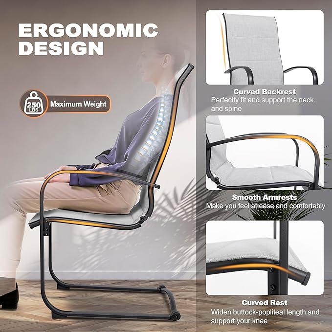 NUU GARDEN Patio Dining Chairs Set of 2, All Weather Outdoor Padded Textilene Patio Chairs, Breathable Spring Motion Textile High Back Outdoor Dining Chairs for Backyard, Lawn, Deck, Gray