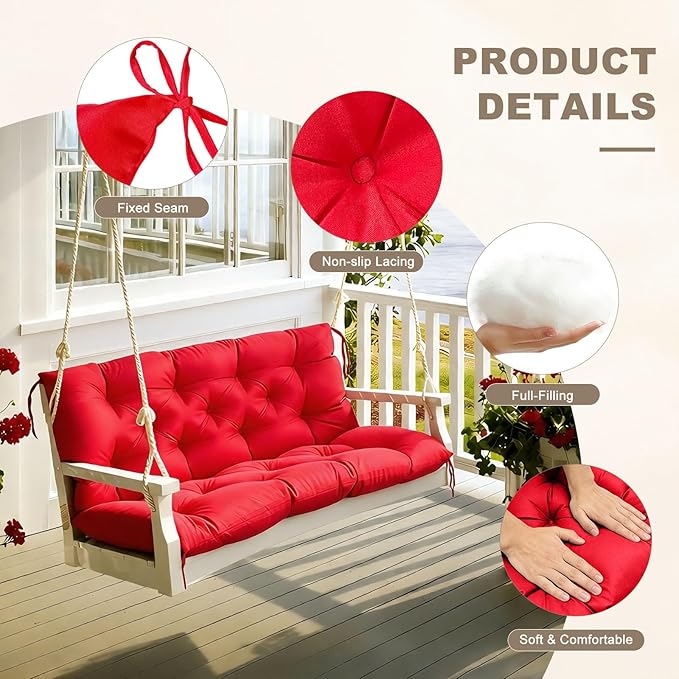 Porch Swing Cushion with Backrest,Waterproof Bench Cushion for Outdoor Furniture,2-3 Seater Replacement Thickened Swing Cushion with Ties,Patio,Outdoor,Backyard and Garden (Red,40x40)