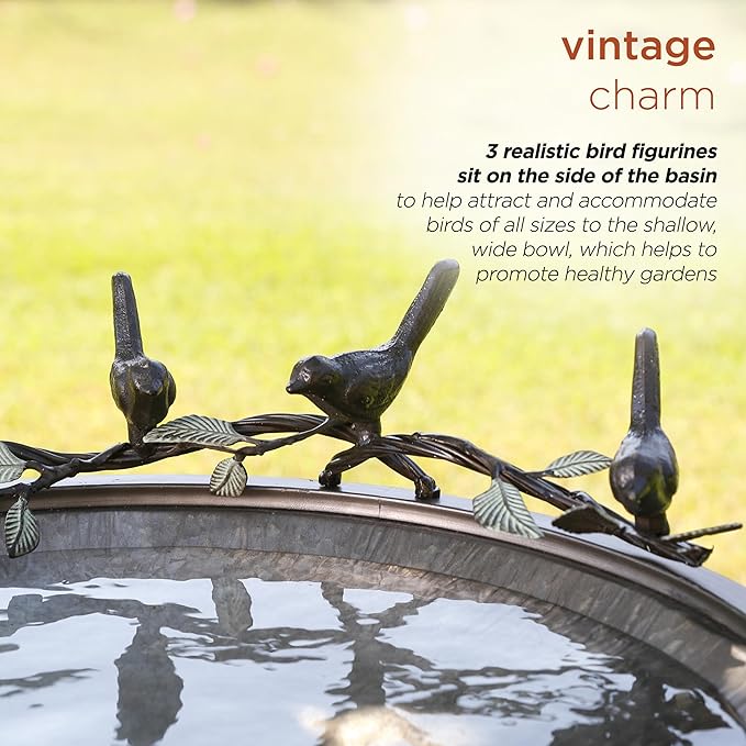 Alpine Corporation Vintage Metal Birdbath with Twigs and Bird Figurines - Iron Outdoor Decor for Garden, Patio, Deck, Porch