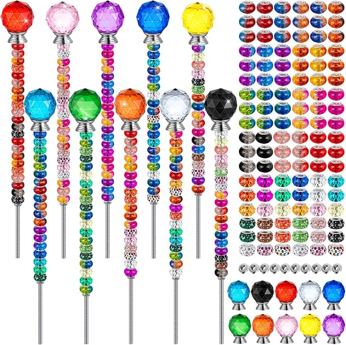 230 Pcs Beaded Garden Stakes, DIY Fairy Wand Garden Stake Beads Kits with 200 Colorful Assortment Round Large Hole Beads with 10 Round Stopper Top, 10 Threaded Rod and 10 Nuts for Outdoor Decoration