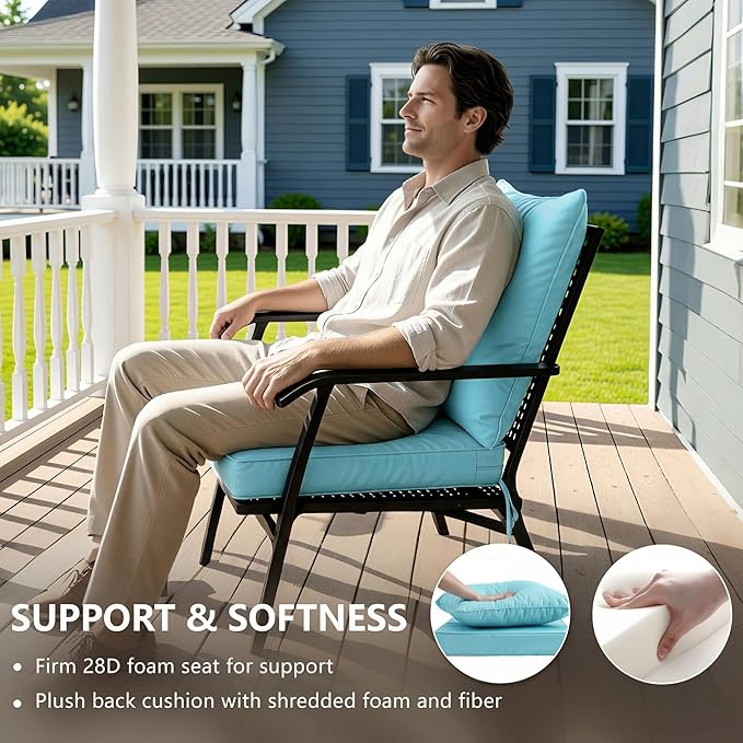 22x22 Inch Patio Chair Cushions Set of 4, Outdoor Furniture Cushions - Removable Cover, Water-Repellent, Fade-Resistant, Non-Slip Bottom & Straps, Replacement for Lawn, Porch & Deck Chair - Light Blue