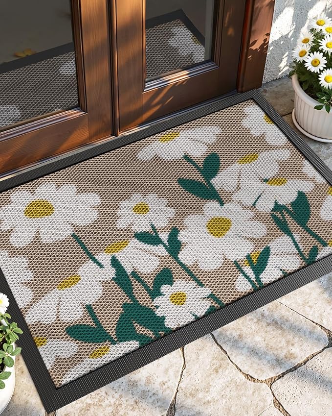 DEXI Front Door Mat Outside Entrance, 3x5 Daisy Plant Welcome Doormat, Non Slip Dirt Resist Heavy Duty Entry Mats for Entryway, White and Beige