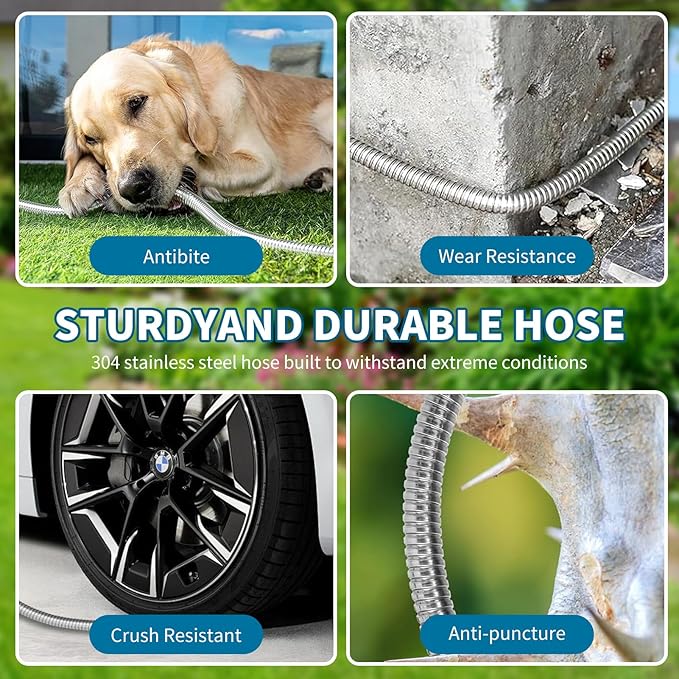 Stainless Steel 75FT Garden Hose with 10 Functions, Adjustable Spray Nozzle, Flexible Durable No Kink Leak Dog Proof Metal Water Hose for Yard Lawn
