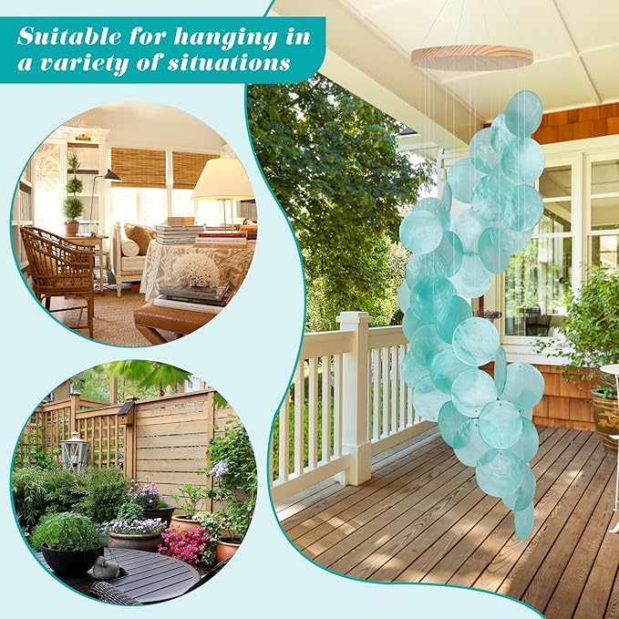 Seashell Wind Chimes for Outside - Handcrafted Turquoise Spiral Shape Capiz Shells Windchime Coastal Style Decor for Indoor/Outdoors, Garden & Beach Hanging Decor for Wind Chimes Lovers and More