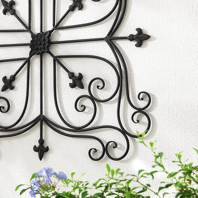 Glitzhome Vintage Wall Decor, Black Artistic Beauty Metal Garden Ornament Powder-Coated Matte Black Finish Charming Fleur-de-lis Outdoor Indoor Decoration