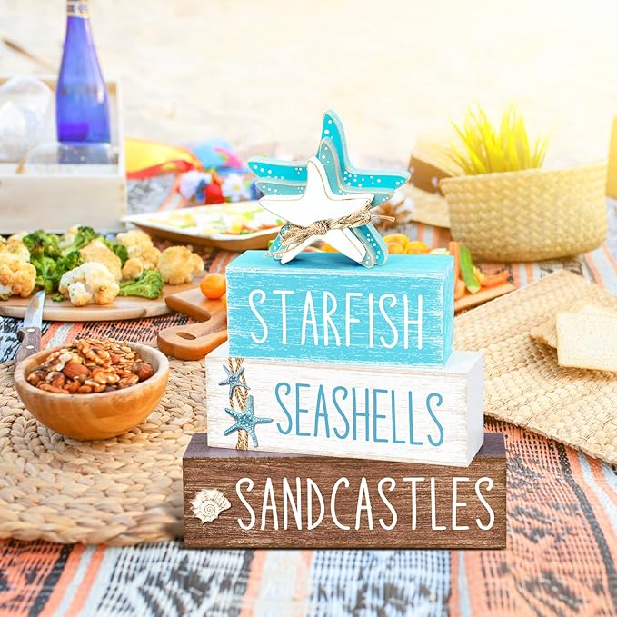 4 Pcs Beach Summer Table Decor Starfish Seashell Coastal Wooden Block Sign Ocean Tiered Tray Decor Farmhouse Table Centerpieces Rustic Nautical Decorations for Home Office Desk Shelf Mantel
