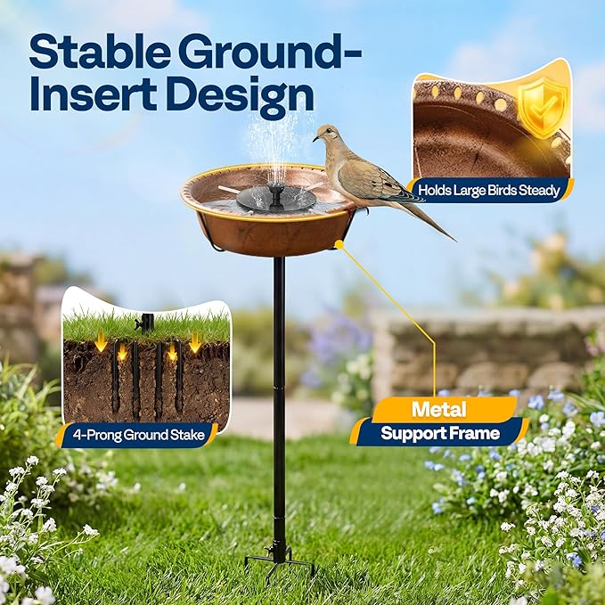 VIVOHOME Bird Bath with Solar Fountain for Outside, Weather-Resistant ABS Birdbath Bowl with Solar Powered Pump, Metal Ground Stake for Outdoor, Garden, 1.45 Gallons, Bronze