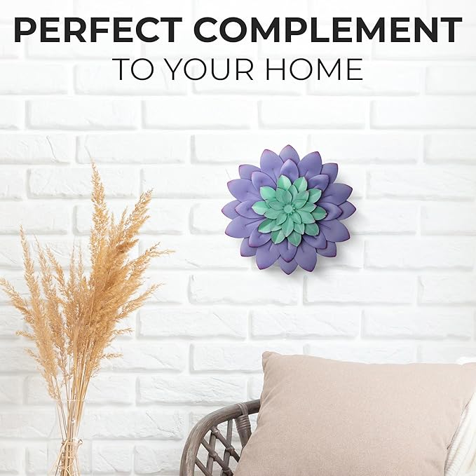 Everydecor Succulent Metal Flowers Wall Decor – Purple, Hand Painted, 3D Flower Art Decoration for Living Room, Bedroom, Kitchen, Bathroom - Floral Decor for Indoor & Outdoor Use