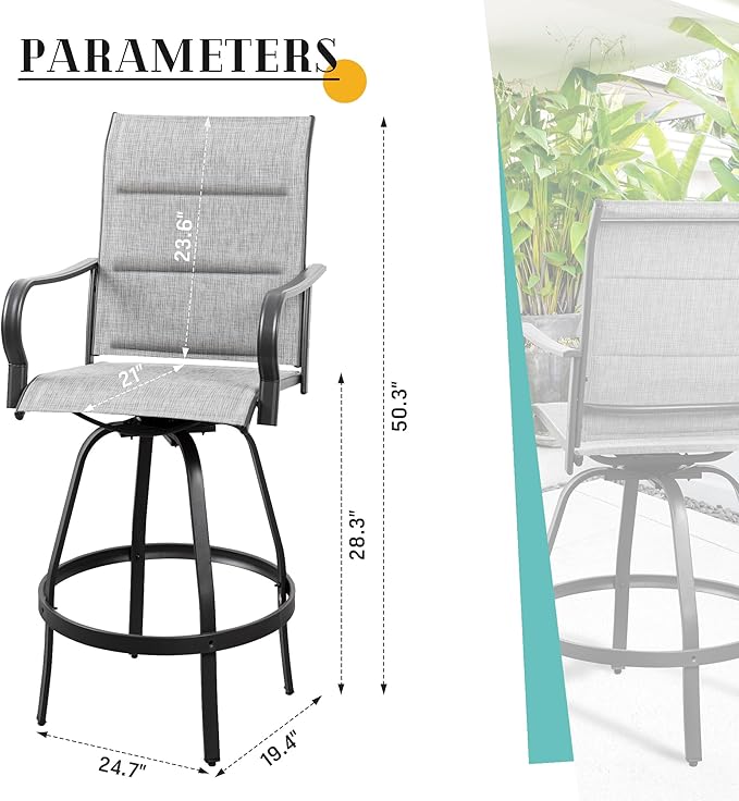 Vongrasig 6 Piece Outdoor Patio Swivel Bar Chairs, All Weather Padded Sling Textile High Top Bar Stools, Bistro Set for Backyard, Lawn Garden, Balcony, Padded Light Grey