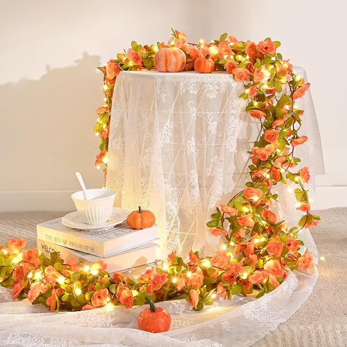 BLEUM CADE 5Pcs 41Ft Flowers Garland Artificial Rose Vines with 32.8Ft String Lights, Cute Fake Hanging Flower Vines Floral Garland Decorations for Wedding Party Wall Room Decor Aesthetic