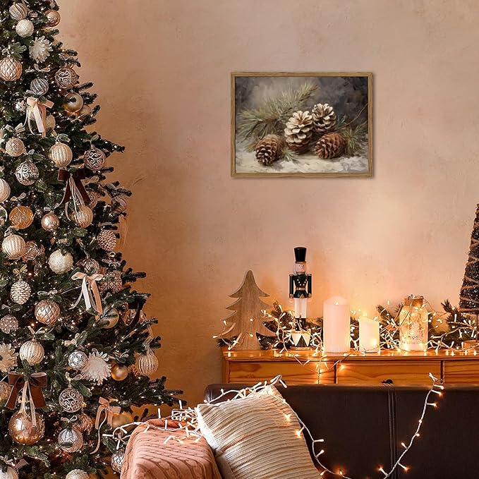 Framed Vintage Christmas Canvas Wall Art, Pine Cones Wall Decor Paintings, Winter Holiday Aesthetic Pictures Prints Rustic Home Decor for Living Room Bedroom Farmhouse 12×16 inch