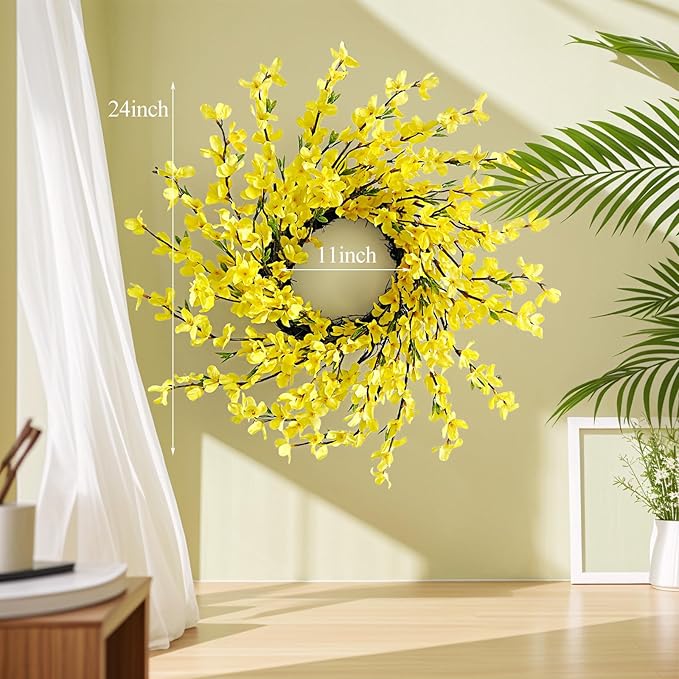 20 Inch Spring Wreath for Front Door, Yellow Forsythia Spring Wreath for Farmhouse Rustic Grapevine Blossom Cluster Festival Celebration Front Door Wall Window Party Decoration Home Décor