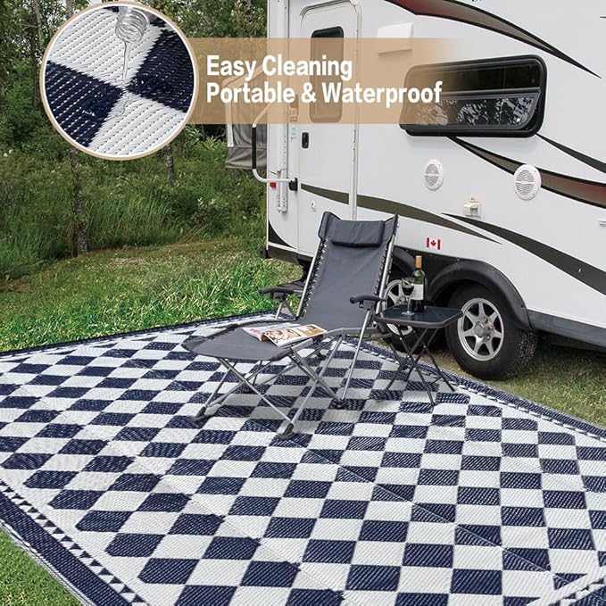 HUGEAR Outdoor Waterproof Rug 6'x9' Plastic Straw Rugs Washable Reversible Floor Mat Blue Plaid Carpet for Camping RV Deck Entryance Porch Picnic Balcony Beach Backyard
