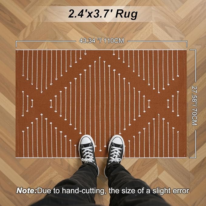 LIVEBOX Burnt Orange Entryway Rug, Washable Front Door Rug Cotton Blend Kitchen Rugs, Boho Woven Area Rug Throw Carpet for Layered Porch Halloween Decor Rugs (2.4' x 3.7')