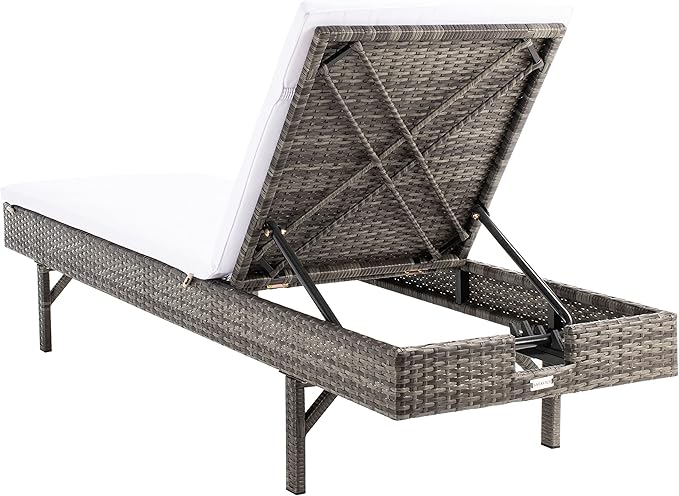 SAFAVIEH Outdoor Collection Cam Grey Brown Wicker/White Cushion Adjustable Chaise Lounge Chair, Black/Beige (PAT7501C)