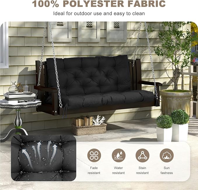 Porch Swing Cushion with Backrest,Waterproof Bench Cushion for Outdoor Furniture,2-3 Seater Replacement Thickened Swing Cushion with Ties,Patio,Outdoor,Backyard and Garden (Black,47x40)