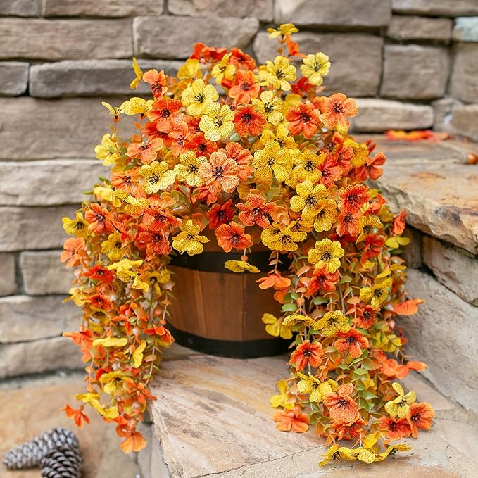 HyeFlora Artificial Flowers for Fall Outdoors Decoration, 2Pcs Fake Fall Light Orange & Yellow Hanging Flowers, Faux Autumn Decor for Porch Patio Balcony Planter, Realistic Arrangement