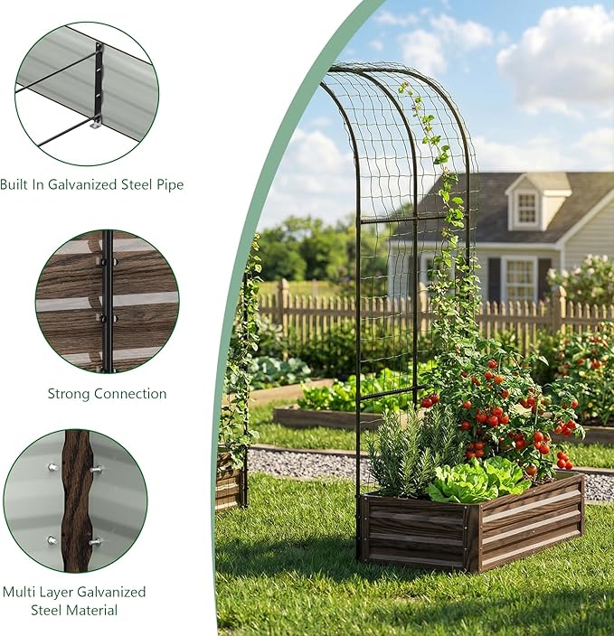 SUNYRISY Galvanized Raised Garden Bed with 87" H Arch Trellis for Climbing Plants Outdoor, Metal Planter Box with Netting for Gardening Flowers Vegetables Fruit, Wood Grain
