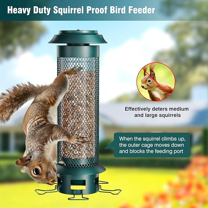 Large Squirrel-Proof Bird Feeder with Removable Tray, Weight-Activated Outer Cage, 5 Perches, 4 lb Capacity, Easy to Fill & Spill-Proof, Tube Bird Feeder for Outdoor Cardinals, Finches