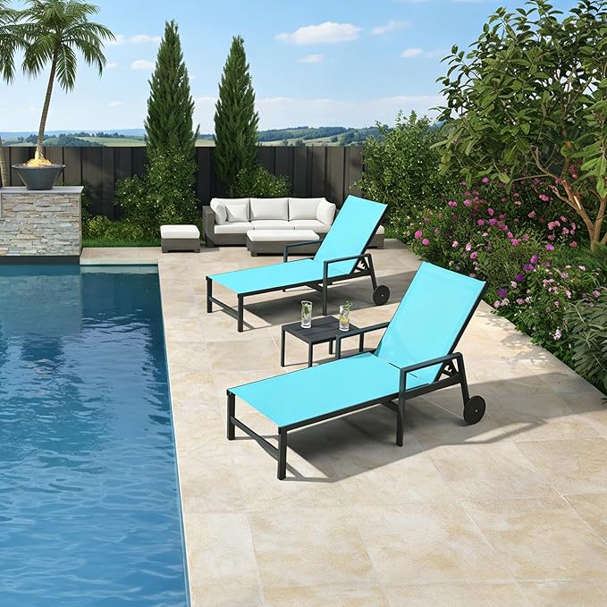 PURPLE LEAF 2 Pieces Outdoor Chaise Lounge Aluminum Patio Lounge Chair with Wheels and Armrests Outdoor Lounge Recliner Chair for Pool Backyard Beach Turquoise Blue