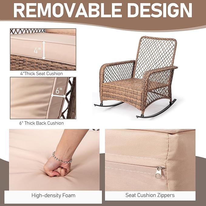 Outvita Outdoor Wicker Rocking Chair, Patio Rattan Rocker Chair w/Cushions & Steel Frame, All-Weather Rocking Lawn Wicker Furniture for Garden Backyard Porch Deck (Beige)