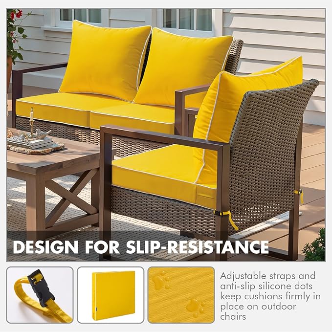 MIULEE Yellow Outdoor Seat Cushion 22x24 Inch Waterproof & 3 Year Fade Resistant Deep Seat and Back Cushion for Patio Furniture Chair Sofa Couch with Handle and Adjustable Straps