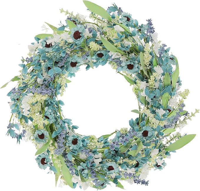 6FT Blue Flower Garland Fake Flowers Vines Faux Artificial Floral Garland Summer Spring Wreath Blueness with Green Leaves Wreaths Blue Daisy Artificial Grains Flower Wreath for Front Door Wreaths