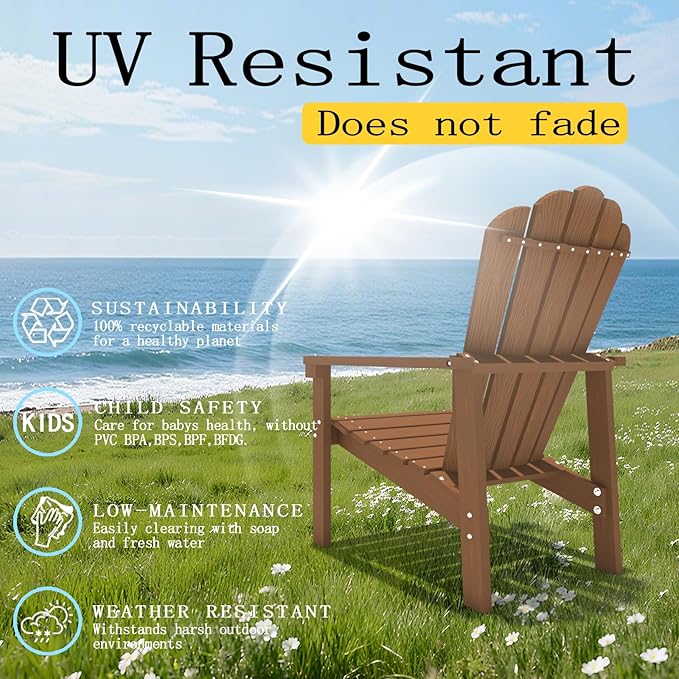 Stackable Adirondack Chair Set of 2, HDPE All-Weather Adirondack Chairs - Durable and Space Saving, Plastic Outdoor Fire Pit Chairs with Cup Holder,Wood