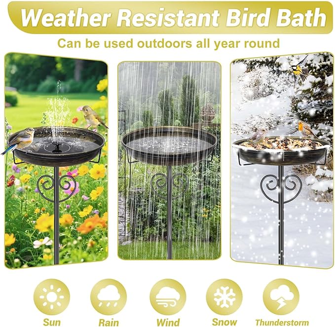 Metal Bird Bath for Outdoor, Garden Freestanding Birdbaths & Birdfeeders with Removable Bird Baths Feeder Bowl Heavy Duty 5 Prong Base for Outside Garden Patio Yard Lawn Decor (Vintage Gold)