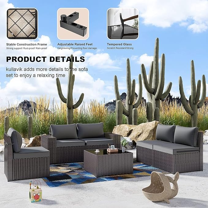 Kullavik 13 Pieces Outdoor Patio Furniture Set with 43" 55000BTU Gas Propane Fire Pit Table PE Wicker Rattan Sectional Sofa Patio Conversation Sets,Grey
