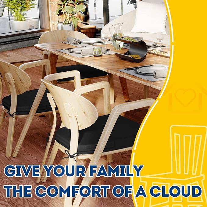 AAAAAcessories D-Shaped Chair Cushions, 2" Thick Dining Chair Pads with Ties and Removable, Machine-Washable Cover, 17" x 16", Black