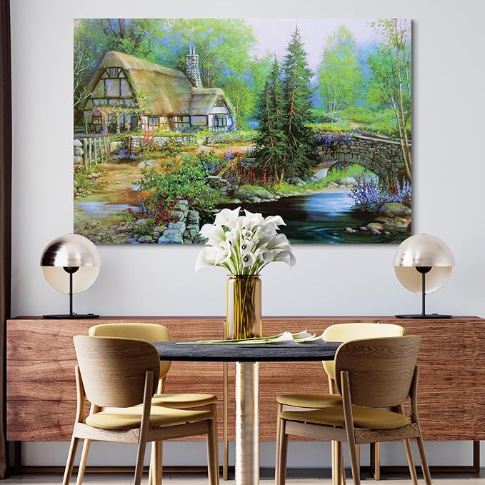 STUDIO HAVEN Thomas Kinkade Canvas Wall Art, Riverside Cottage Stone Bridge Vine-Covered Home Flowing Stream Oil Painting Poster Rustic Wall Decor, Framed Prints for Home Decor, 28x20Inch