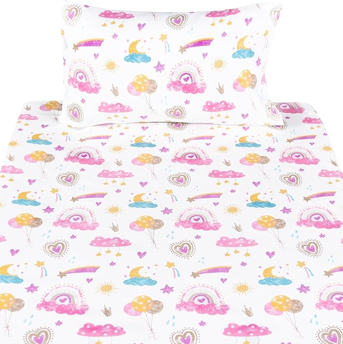 Scientific Sleep Pink Cloud Heart Rainbow Balloon Moon Star Cute Fun 100% Cotton Cozy Twin Bed Sheet Set, Flat Sheet & Fitted Sheet & Pillowcase Natural Bedding Set