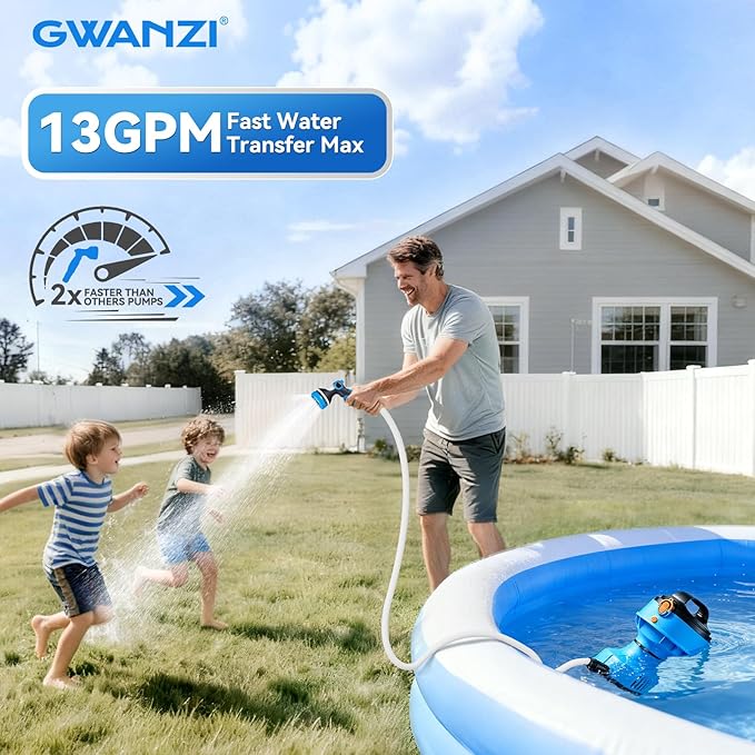 1/4HP Cordless Water Transfer Pump Submersible Water Pump 750GPH 30FT Head IPX8 Included 2x4000mAh 21V Battery and Charger Pool Cover Pump 3/4" Outlet for Pool Pond Garden Bathtub RV Boat