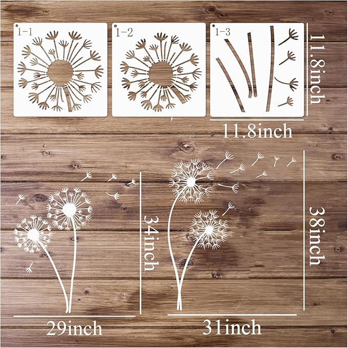 Large Flower Stencils for Painting Garden Fence Dandelion Floral Stencil Templates Painting on Wood Furniture Wall Mural (Dandelion)