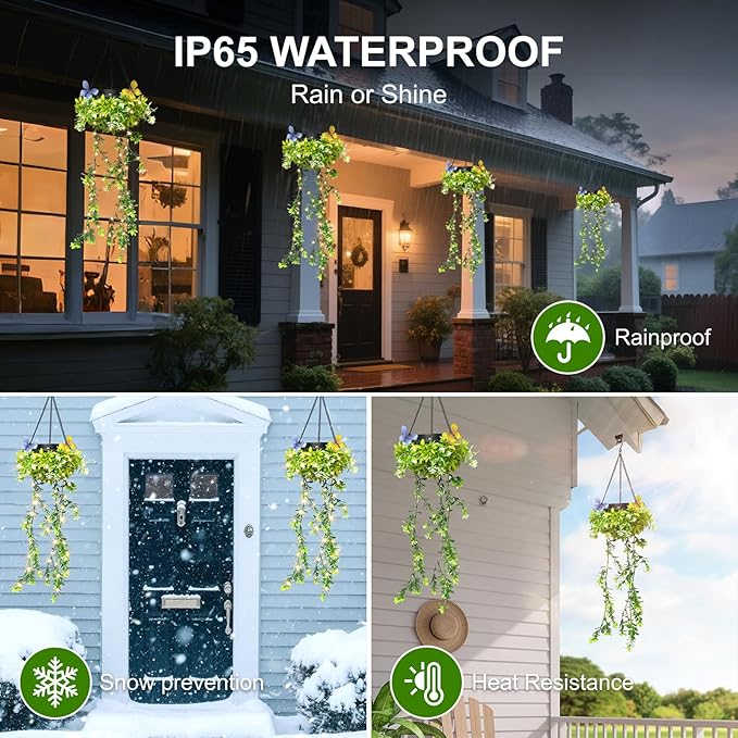 Solar Hanging Garden Lights, 2 Pack 66 LEDs Realistic Flower Vine Fairy String Lights, IP65 Waterproof Outdoor for Garden, Patio, Fence Decor, 8-12 Hrs Auto Lighting
