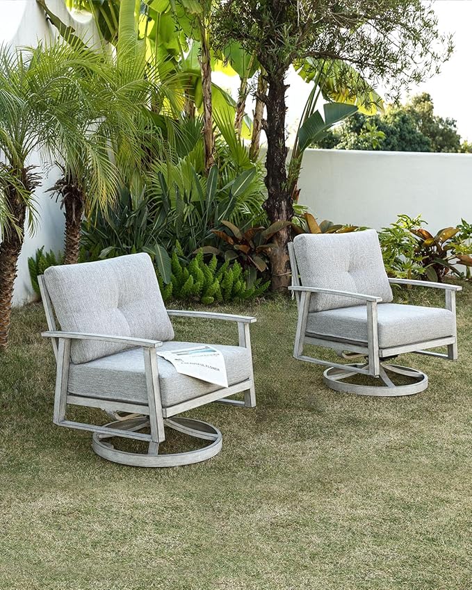 Outdoor Swivel Patio Chairs Set of 2, Outdoor Aluminum Swivel Armchair Conversation Set with Cushion, 2 Pieces All Weather Patio Furniture Sofa Chairs Set for Garden, Poolside, Lawn, White Oak