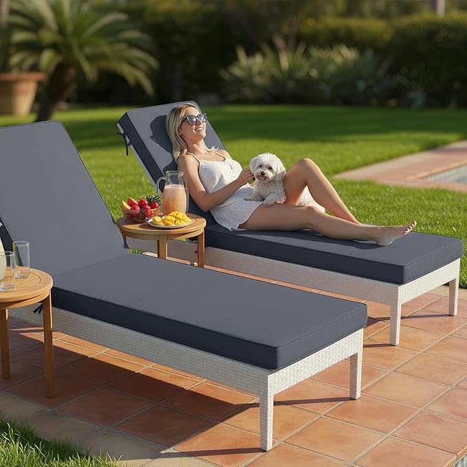 Chaise Lounge Cushions Outdoor Set of 2 - Waterproof and Fade Resistant Sun Lounger Replacement Cushions - Patio Lounger Pads with Removable Cover for Pool, Deck, 80 x 26 x 3 Inch, Dark Grey