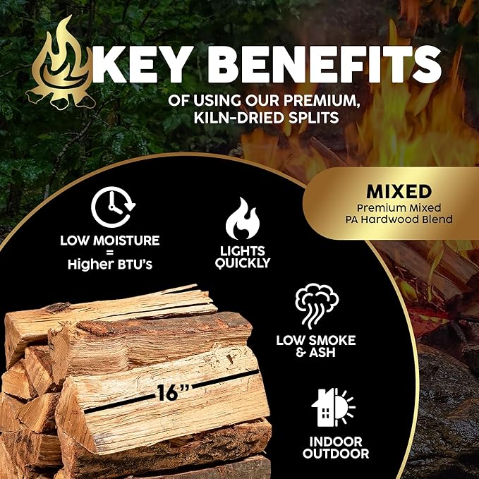 Kiln-Dried PA Mixed Blend – 16” Splits (Approx. 38 lb) – Smoking Wood for Cooking, Wood-Fired Ovens & Campfires – Easy Light, Low Smoke, USA-Sourced