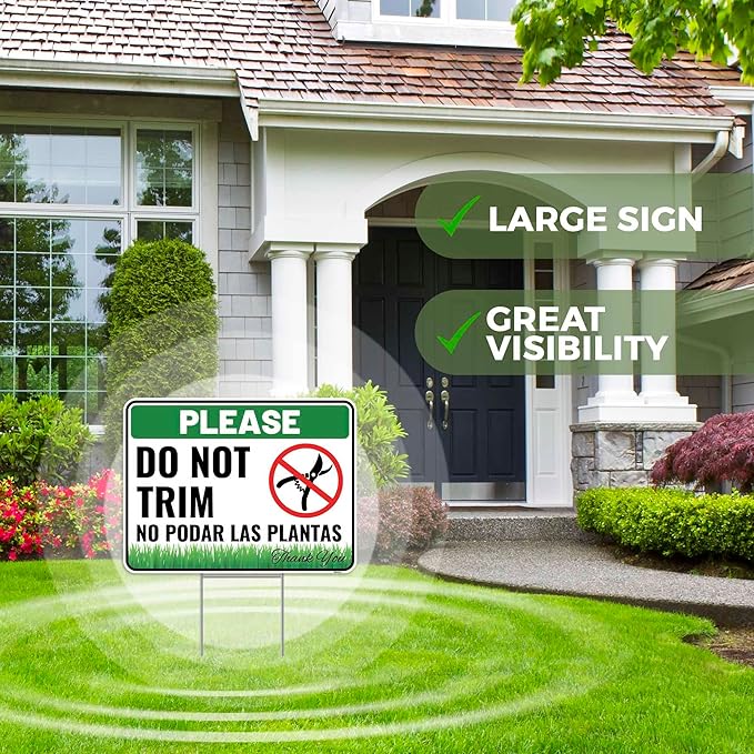 2PC Do Not Trim Signs in English and Spanish with Stakes, 12 Inches by 9 Inches - Corrugated Plastic - Bilingual Do Not Trim Garden Signs